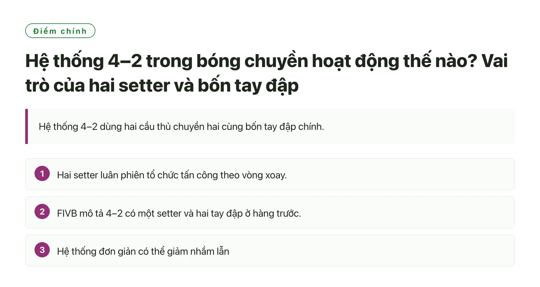 Hệ thống 4–2 trong bóng chuyền hoạt động thế nào? Vai trò của hai setter và bốn tay đập——全文要点速览